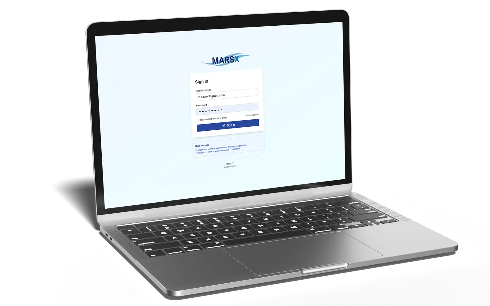 MARS.X software sign-in screen on a laptop